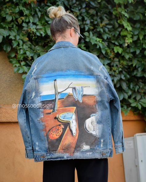 Salvador Dalí Custom Jacket 🎨 by @mossoodesign #thepersistenceofmemory #customjacket #handpainted Painted Jean Jacket, Jean Designs, Hand Painted Denim Jacket, Painted Denim Jacket, Painted Jacket, Painted Jeans, Painted Denim, Custom Jacket, Diy Clothing