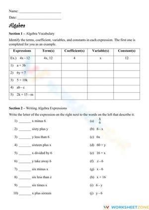 Algebra Vocabulary and Matching Algebraic Expressions #Grade-5 #Grade-6 #Grade-7 #Grade-8 #Grade-4 Algebraic Expressions Worksheet, Algebra Vocabulary, Worksheets For Grade 5, Writing Expressions, Algebraic Expressions, The Worksheet, Grade 7, Grade 8, Grade 6