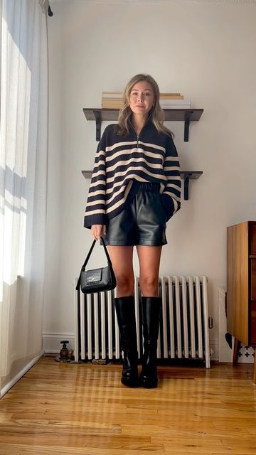 Leather Shorts Outfit 2023, Leather Shorts Autumn Outfit, Vegan Leather Shorts Outfit, Leather Shorts Outfit Summer, Sweater With Shorts Outfit, Fall Shorts Outfit, Laurie Ferraro, Winter Shorts Outfits, Outfits With Shorts