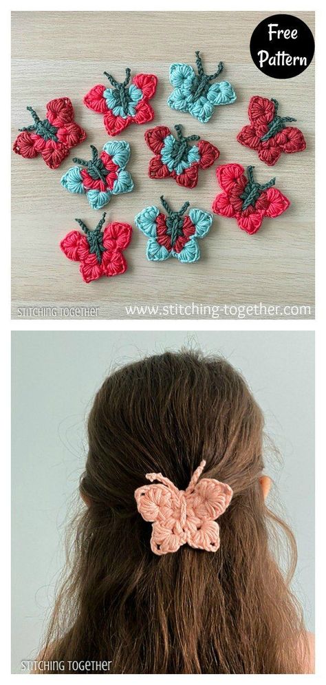 Uma Beautiful Butterfly Hair Clips Free Pattern #freecrochetpattern #crochetpattern #hairclipsfreepattern Butterflies Crochet, Crochet Bows Free Pattern, Crochet Hair Bands, Crochet Hair Ties, Crochet Centerpiece, Fall Crochet Projects, Crochet Bow Pattern, Crochet Butterfly Free Pattern, Crochet Hair Bows