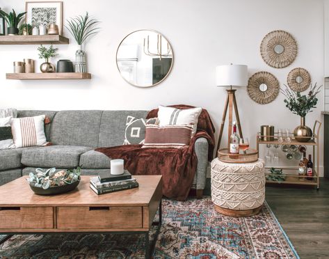 Gray Bohemian Living Room, Boho Rugs With Gray Couch, Decorating Gray Couch, Minimal Living Room Grey Couch, Cozy Earthy Living Room Grey Couch, Boho Living Room Gray Floors, Boho Chic Living Room Gray Couch, Styling Dark Gray Couch, Boho Living Room With Grey Floors