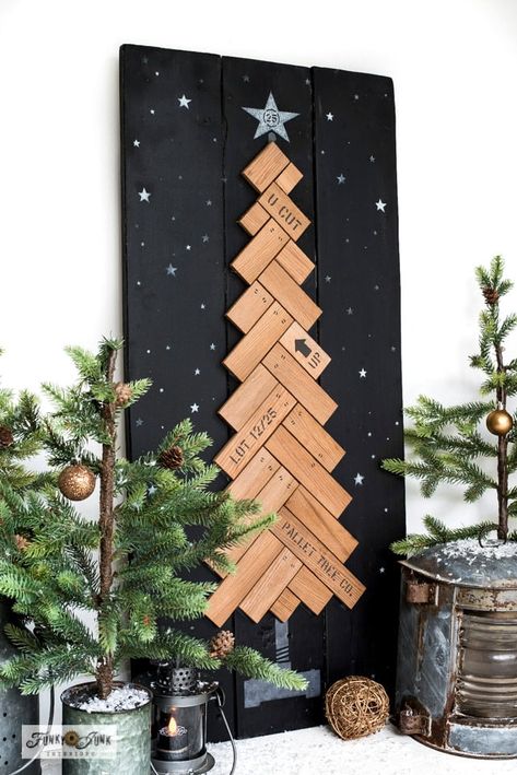 Create an easy Herringbone wood Christmas tree sign, pallet-style! - Funky Junk Interiors Pallet Christmas Decorations, Christmas Tree Stencil, Christmas Tree Sign, Tree Sign, Herringbone Wood, Pallet Christmas Tree, Tree Stencil, Pallet Christmas, Funky Junk Interiors