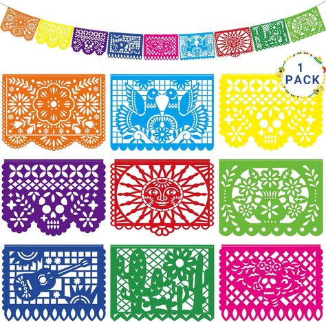 Plastic Package Includes - You will get 1 pack Cinco De Mayo banner with a total length of 18 FT, including 9 pieces plastic flags, each piece measures 16.53 x 11.8 IN. Only the orange banner piece needs to be pasted with the attached glue as shown in the picture. Mexican Party Banner, Picado Banner, Mexican Papel Picado, Papel Picado Banner, Mexican Party Theme, Party Flags, Kids Gift Guide, Mexican Party, Party Banners