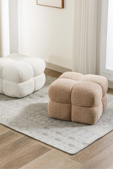 boucle decor, home decor inspiration, vanity seat, fall decor, dopamine decor, living room decor, dining room decor, bedroom decor, tufted ottoman Boucle Decor, Cute Ottoman, Large Ottoman Coffee Table, Puff Ottoman, Couch Ottoman, Boucle Ottoman, Vanity Seat, Couch With Ottoman, Large Ottoman