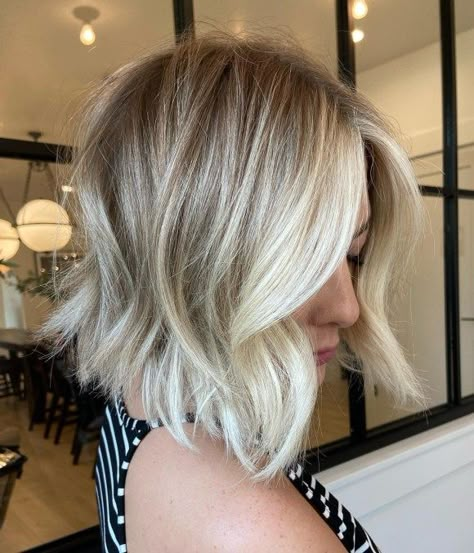 Bob Shag with Toasted Coconut Balayage Short Blonde Root Smudge, Rooty Blonde Bob, Balayage Bob Blonde, Shadow Root Blonde Short Bob, Root Melt Blonde Short, Blonde Balayage Bob Short, Root Smudge Blonde Balayage, Toasted Coconut Hair Color, Thick Bob Haircut