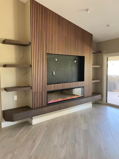 Lounge Fireplace, Electric Fireplace Wall, Feature Wall Living Room, Media Room Design, Living Room Wall Units, Living Room Built Ins, Build A Fireplace, Fireplace Tv Wall, Flat Decor