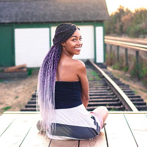 Grey and Purple Color Ombre Box Braid Inspiration. I love wearing colorful protective styles for my Natural Hair. I installed these #Boxbraids myself using three tone braiding hair. #Protectivestyles #Protectivehairstyles Grey And Purple Box Braids, Purple Ombre Box Braids, Purple Box Braids, Rasta Hair, Ombre Box Braids, Colored Box Braids, Colorful Box, Purple Braids, Weave Ponytail Hairstyles