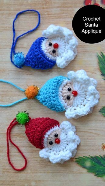 Diy Crochet Ornaments, Christmas Applique Patterns, Santa Applique, Crochet Christmas Stocking Pattern, Crochet Christmas Ornaments Free, Crochet Applique Patterns Free, Crochet Ornament Patterns, Christmas Crochet Patterns Free, Crochet Snowflake Pattern