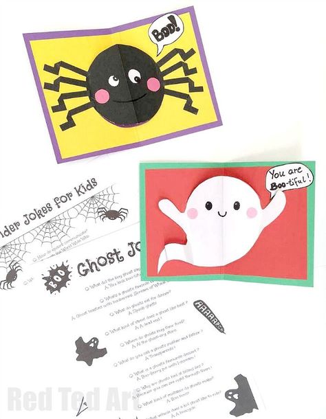 Easy Halloween Pop Up Cards for Kids - includes fun Spider and Ghost Jokes for Kids. Combine the card with your favourite joke for some fun and spooky giggles! Family will LOVE to receive them! Pop Up Cards For Kids, Halloween Crafts And Activities, Halloween Pop Up Cards, Halloween Crafts For Kids To Make, Halloween Cards Diy, Fun Halloween Activities, Card Making Ideas Easy, Red Ted Art, Crafts And Activities For Kids