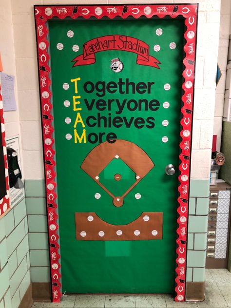 Baseball Themed School Hallway, Baseball Theme Classroom Door, Baseball Themed Classroom Doors, Baseball Theme Bulletin Board Ideas, Baseball Door Decorations Classroom, Baseball Classroom Door, Baseball Themed Bulletin Boards, Male Teacher Classroom Decor Sport Theme, Sports Classroom Door