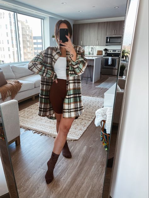 Oversized Flannel, burgundy skirt, white tank top, fall outfit Flannel Thanksgiving Outfit, Flannel Over Dress, Oversized Flannel Outfit, Oversized Flannel Outfits, Flannel Outfit, Flannel Shorts, Flannel Outfits, Oversized Flannel, Outfit Shop