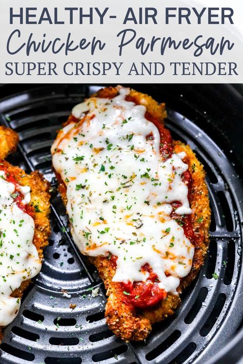 This Healthy Chicken Parmesan is breaded with a delicious panko and parmesan mixture and seasoned with garlic and Italian seasoning. It is air-fried without any oil at all but it still comes out super moist and crispy golden brown and tastes just like traditional chicken Parmesan. This super easy recipe requires only a few ingredients and can be ready in 10 minutes. Ninja Foodi Chicken Parmesan Recipe, Air Fried Chicken Parm, Healthy Crispy Chicken Air Fryer, Chicken Parmesan Bites Air Fryer, Air Fryer Fakeaway, Chicken Parm Air Fryer Recipes, Macro Air Fryer Recipes, Chicken Air Fryer Recipes Boneless, Airfryer Chicken Breast