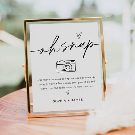 EVERLEIGH Oh Snap Disposable Camera Wedding Sign Wedding Photo Booth Sign, Wedding I Spy, Camera Wedding, Disposable Camera Wedding, Wedding Camera, Wedding Hashtag Sign, Hashtag Sign, Photo Booth Sign, Personalized Wedding Guest Book