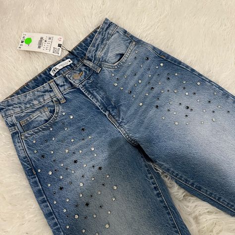 Zara Stones Embedded Denim Jeans Sparkly Jeans, Bedazzled Jeans, Rhinestone Jeans, Cream Jeans, Elastic Waist Jeans, Patchwork Jeans, Raw Hem Jeans, Printed Jeans, Zara Jeans