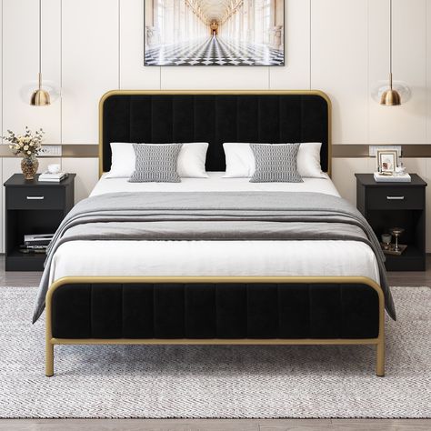 Black Gold Bed Frame, Gold Bed Frame, King Size Metal Bed Frame, Bed Frame Metal, Black Bed Frame, Frame Bed, Tufted Upholstered Headboard, Aesthetic Bedroom Ideas, Velvet Upholstered Bed