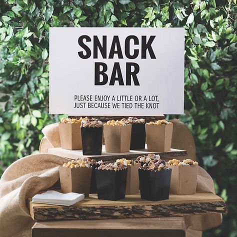 Snack Bar Sign | Oriental Trading Snack Bar Wedding, Wedding Table Snacks, Snack Bar Sign, Snacks Table, Wedding Snack Bar, Disposable Champagne Flutes, Wedding Snack, Bar Wedding Sign, Star Snacks