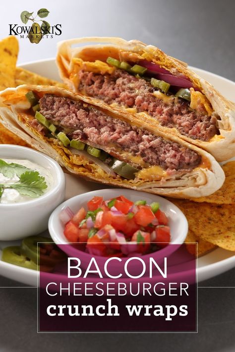 Kowalski's recipe for Bacon Cheeseburger Crunch Wraps. Cheeseburger Crunch Wrap, Crunch Wrap Recipe, Taco Wraps, Taco Taco, Cheeseburger Recipe, Crunch Wrap, Plant Based Burgers, Wrap Recipe, Turkey Chicken