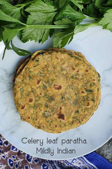 Dal paratha Celery Leaf Recipe, Celery Leaves What To Do With, Carrot Celery Soup, Recipe With Celery, Flatbread Wraps, Carrot And Celery Soup, Dal Paratha, Indian Flatbreads, Celery Leaves