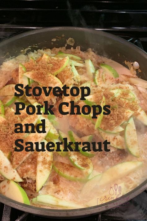 Pork chops and sliced apples in a skillet on the stove. Pork Chops Sauerkraut And Potatoes, Pork And Sauerkraut Stovetop, Pork Chops And Sauerkraut Recipes, Pork Chops And Sauerkraut Skillet, Pork Chop And Sauerkraut Recipes, Stovetop Pork Chops, German Pork Chops, Pork Chops With Sauerkraut, Stove Top Pork Chops