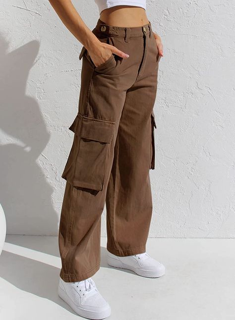 Such a pretty brown color. These cargo pants come in 8 colors and range from size 4-18. They're made with 98% Cotton and 2% Elastane. It's soft, breathable and skin-friendly, perfect for any season. It has straight legs and 4 pockets. #ad FYI, Cargo pants are still in this summer and I'm happy about it 'cause they're hot. Winter Mini Dresses, Brown Cargo Pants, Winter Pants, Crop Top Sweatshirt, Mini Robes, Simplicity Patterns, Cargo Pants Women, 70 Dress, Cargo Jeans