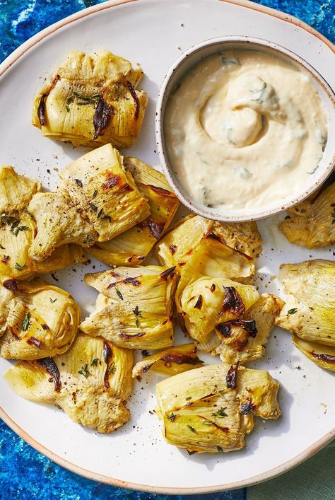 These smashed artichoke hearts are crispy with a tender, almost flaky interior and are just firm enough to dip in the bright and fresh lemon-dill aioli. Smashed Veggies, Dill Aioli, Lemon Dill, Artichoke Recipes, Snack Craving, Holiday Meal, Diet Snacks, Pan Recipes, Healthy Eating For Kids