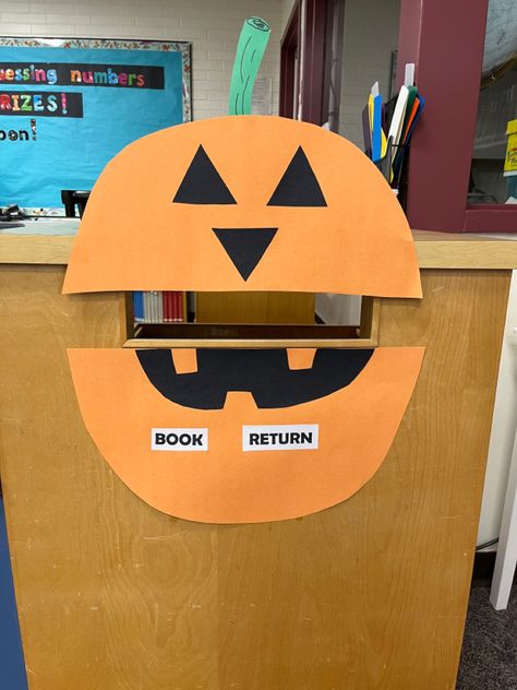 Halloween Decorations Library, Halloween Library Decor, Halloween Book Display Library, Library Book Drop Decoration, Harry Potter Library Ideas, Book Drop Ideas Library, Drop Box Ideas, Fall Library, Library Halloween