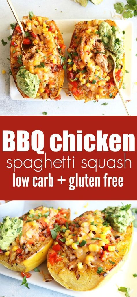 BBQ Chicken Spaghetti Squash Boats - the perfect low carb and gluten free weeknight dinner recipe! Bbq Chicken Spaghetti, Low Carb Chicken Spaghetti, Ra Diet, Spaghetti Squash Boats, Spaghetti Squash Boat, Squash Boats, Growing Squash, Delicious Spaghetti, Eating Spaghetti