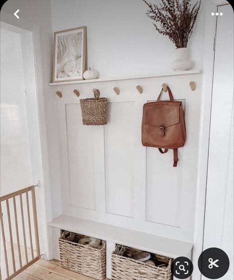 Narrow Vestibule Ideas, Front Entry Hooks Entrance, No Closet Front Entrance, Entryway Coat Rack Ideas Farmhouse, Small Entryway Bench And Coat Rack, Narrow Entryway Coat Storage, Entrance Vestibule Ideas, Small Breezeway Ideas Enclosed, Narrow Hallway Ideas Storage