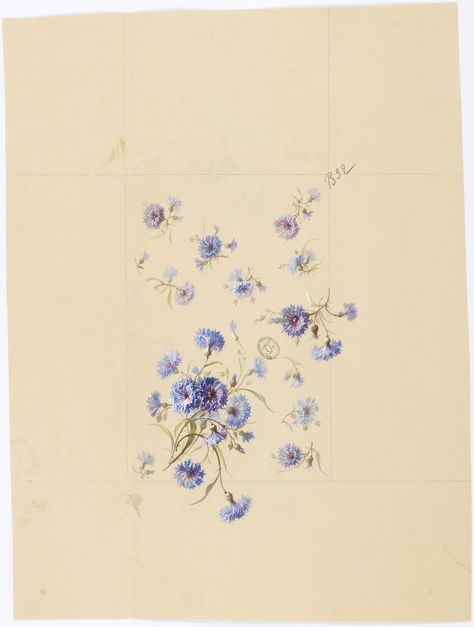 Cluster of blue flowers at bottom left, diagonal facing upward right. Same blue flowers appear oriented various ways, appear to be falling. All flowers have stems and foliage. Designs For Wallpaper, Vintage Textiles Patterns, Painting Old Furniture, Drawing Designs, Vintage Drawing, For Wallpaper, Print Inspiration, Graphic 45, Art Textile