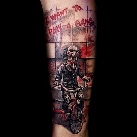 Jigsaw Puppet Tattoo, Bike Tattoo Design, Saw Tattoo Jigsaw, Saw Tattoo, Jigsaw Tattoo, Tat Sleeve, Saw Jigsaw, Chucky Tattoo, Bike Tattoo