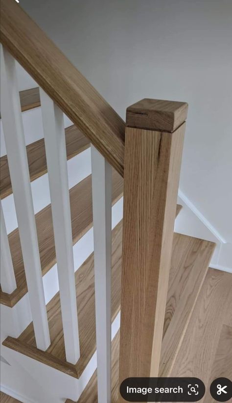 Stair Railing Design Wood, Stair Bannister Ideas Wood, Simple Wood Railings For Stairs, Stair Railing Wooden Design, Partial Stair Railing Ideas, Simple Stair Railings Wood, Scandinavian Railing Stairs, Simple Wood Stair Railing, Stair Baluster Ideas Wood