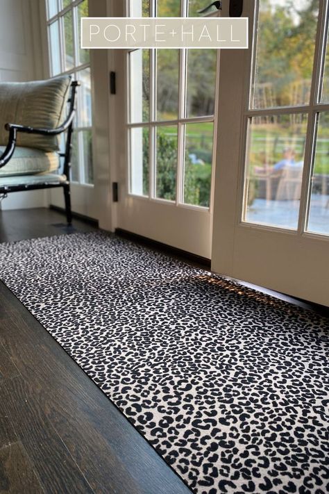 The perfect runner mat for your double patio doors does exist. The Porte + Hall Insider fits under any door, absorbs moisture, and stays put. Plus your leopard print rug is sure to draw the eye. #leopardprintrug #leopardprintmat #homedecortextile #doormat #welcomemat #runnermat #runnerrug Double Patio Doors, Indoor Mats, Door Mat Indoor, Double Doors Interior, Entrance Ideas, Textile Inspiration, Inside Door, Porch Entry, Foyer Design