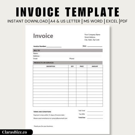 Elevate your business with this professionally designed Invoice Template, perfect for small businesses, freelancers, and entrepreneurs. This easy-to-use, fully customizable template is available in MS Word, Excel, and PDF formats, making it ideal for all your invoicing needs. Whether you need to send out a single invoice or batch process several, this template ensures your billing process is seamless and professional. SEE OTHER PRODUCTS FROM OUR STORE: https://www.etsy.com/shop/ClarasBizz?ref=pr Tax Invoice Format, Small Business Invoice, Accounting Process, Business Invoice, Printable Invoice, Managing Finances, Form Template, Invoice Template, Microsoft Excel