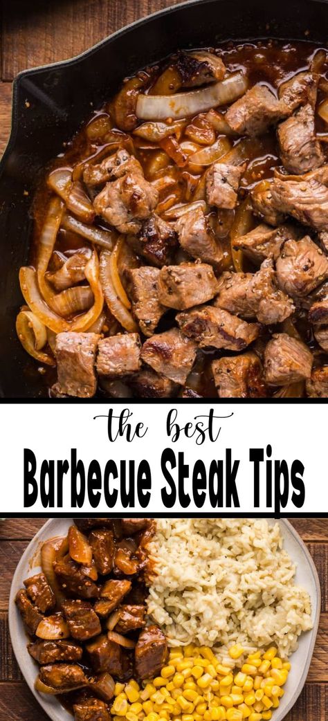 Closeup of barbecue steak tips in skillet on top of plate full with rice and corn. Top Sirloin Recipes, Steak Tips Recipe, Top Sirloin Steak Recipe, Potatoe Dinner Recipes, Barbecue Steak, Sirloin Recipes, Sirloin Steak Recipes, Steak Dinner Recipes, Strip Steak Recipe