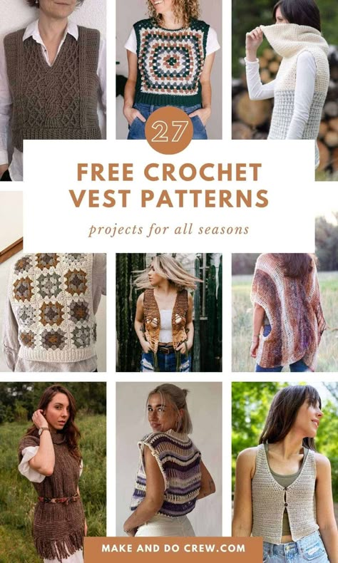 Looking for the best crochet tops? This collection of free crochet vest patterns, curated by Make and Do Crew, is for you. We've gathered our favorite vest outfits - from cropped vest patterns and slip over vest patterns to sleeveless tops and button vest patterns. These stylish patterns can be layered for year round wear. Whether you're looking for new crochet clothes patterns or just a lightweight top for summer, we've got you covered. Visit the blog for the free crochet vest patterns. Crochet Sleeveless Sweaters, Crochet Fall Vest Pattern Free, Crochet Wrap Vest Pattern Free, Free Vest Pattern Crochet, Crochet Sleeveless Sweater Pattern Free, Womens Crochet Vest Patterns Free, Crochet Button Up Vest Pattern Free, Diy Crochet Sweater Vest, Crochet Pullover Vest