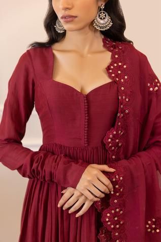 Shop for Paulmi and Harsh Maroon Cotton Silk Gathered Sleeve Anarkali Set for Women Online at Aza Fashions Sequin Kurti, Paulmi And Harsh, Handwork Design, Wine Pants, Eastern Wear, Georgette Anarkali, Silk Anarkali, Anarkali Dress Pattern, Simple Kurta Designs