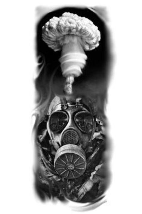 Half Sleeve Tattoo Ideas, Gas Mask Tattoo, Tatuaje Trash Polka, Half Sleeve Tattoos, Gas Mask Art, Sleeve Tattoo Ideas, 3d Dragon, Military Tattoos, Cool Arm Tattoos