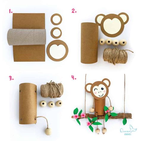 Paper roll monkey with dangling arms and legs! - Ocean Child Crafts Monkey Crafts, Toilet Paper Crafts, Toilet Paper Rolls, Paper Origami, Toilet Paper Roll Crafts, Paper Roll Crafts, Make Paper, Paper Rolls, Paper Crafts Diy Kids