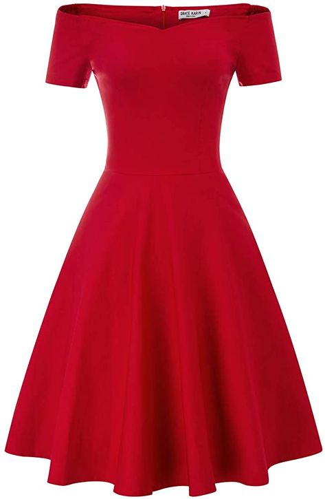 Amazon.com: 50s Dress Vintage Party Dress Wear to Work Plus Size 2XL Black CL020-1: Clothing Dresses Red Short, Red Wedding Guest Dresses, 50s Fashion Dresses, Cocktail Party Dresses, Party Dresses Online, Dresses Formal Elegant, Rockabilly Dress, Dresses Red, Vestidos Vintage