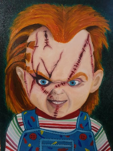 Painting oil art on canvas chucky killer doll homemade   la bambola assassina Easy Chucky Drawing, Chucky Painting Easy, Scary Halloween Paintings On Canvas, Chucky Painting Canvas, Chucky Painting, Chucky Drawing, Lightbulb Crafts, Alien Painting, Halloween Canvas Paintings