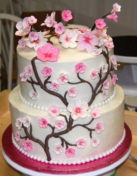 Japanese Birthday Cake Japanese Cherry Blossom Cake Cakecentral Cake Japanese, Bolo Panda, Cherry Blossom Cake, Blossom Cake, Whiskey Cake, Japanese Cake, Anime Cake, Japanese Birthday, Cherry Blossom Wedding