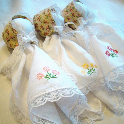 my grandma made me these in church. Handkerchief Doll, Vintage Embroidered Handkerchiefs For Gifts, Cross Stitch Hankie, Flower-shaped Embroidered Handkerchiefs For Gifts, Hankie Crafts, Pioneer Crafts, Ladies Hanky, Vintage Handkerchiefs Crafts, Pink Vintage Handkerchiefs With Floral Embroidery