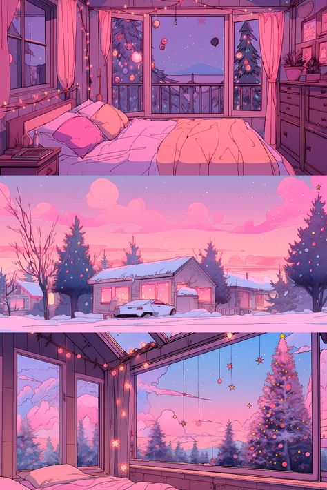 Lofi Christmas, Ghibli Wallpapers, Pink Christmas Wallpaper, Wallpaper Ghibli, Lofi Wallpaper, Futuristic Room, Wallpaper Holiday, Halloween Desktop Wallpaper, Winter Town