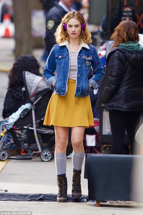 Fresh and funky: On Saturday actress Lily James proved she had moved on from the period fashion of Downton Abbey as she sported this bold look on the set of her upcoming film Baby Driver in Atlanta Skirt And Knee High Socks, Film Baby Driver, Baby Driver, Lily James, Yellow Skirt, Mode Chic, Downton Abbey, Inspired Outfits, Women's Wardrobe