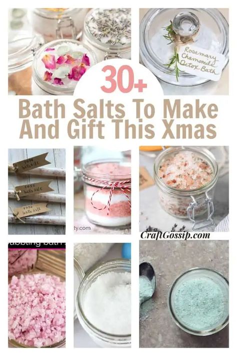 30 DIY Bath Salt Gifts Perfect For Stocking Fillers – Bath and Body Bath Salts Packaging Ideas, Christmas Gift Crafts, Diy Bath Salts With Essential Oils, Bath Salts Diy Recipes, Peppermint Bath Salts, Diy Bath Salt, Bath Soak Recipe, Salt Gifts, Bath Salts Gift