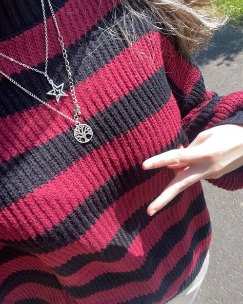 Stripy Jumper Outfits, Red Striped Sweater Outfit, Red Jumper Aesthetic, Red And Black Striped Sweater Outfit, Dark Red Sweater Outfit Aesthetic, Stripy Jumpers, Red And Black Sweater Outfit Grunge, Red 90s Style Streetwear Sweater, Necklaces Y2k