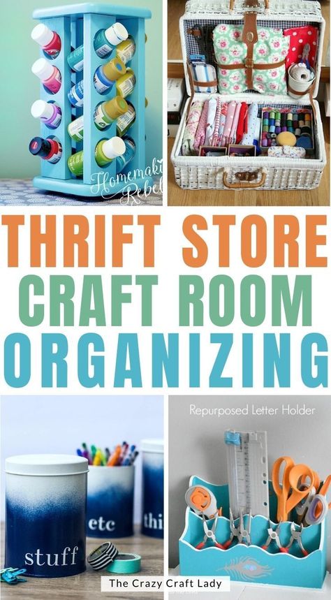 Thrift Store Craft Room Organizing Craft Storage Cart Ideas, Garage Into Craft Room, Vintage Craft Room Storage Ideas, Organize Craft Room Cheap Diy Ideas, Craft Room Ideas Small Spaces, Storage Ideas On A Budget, Craft Room Organizing, Quilting Storage, Craft Room Storage Ideas