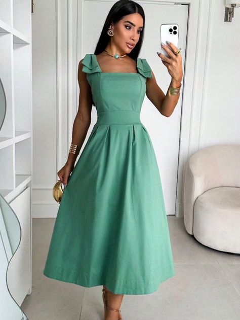 VESTIDO MIDI FEMININO LISO MANGA CURTA PRINCESA BUFANTE FESTA CASAMENTO MODA EVANGELICA TECIDO DE TRICOLINE LAXTEX NAS COSTAS  COMPRIMENTO MIDI. TAMANHO UNICO VESTE ATE 42VESTIDO MIDI FEMININO LISO MANGA REGATA CURTA LAÇO FESTA CASAMENTO MODA EVANGELICA Verde Menta elegante  Manga Curta  Simples Em A   Women Clothing, size features are:Bust: ,Length: ,Sleeve Length: