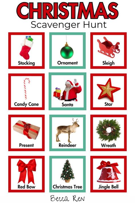 printable Christmas scavenger hunt Toddler Christmas Scavenger Hunt, Christmas Party Games For Toddlers, Christmas Photo Scavenger Hunt, Scavenger Hunt For Toddlers, Christmas Scavenger Hunt For Kids, Printable Christmas Scavenger Hunt, Christmas Activities For Adults, Picture Scavenger Hunts, Easy Kids Christmas