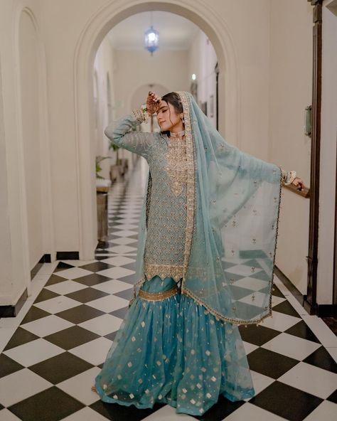 Light Blue Sharara, Mehendi Ceremony Outfits, Pakistani Wedding Guest, Blue Sharara Suit, Simple Mehndi Dresses, Nikkah Outfit, Blue Sharara, Mehendi Ceremony, Mehndi Dresses